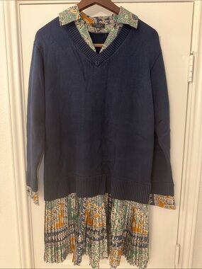 Anthropology Current Air Navy V-Neck Sweater Dress with Patterned Hem and Collar